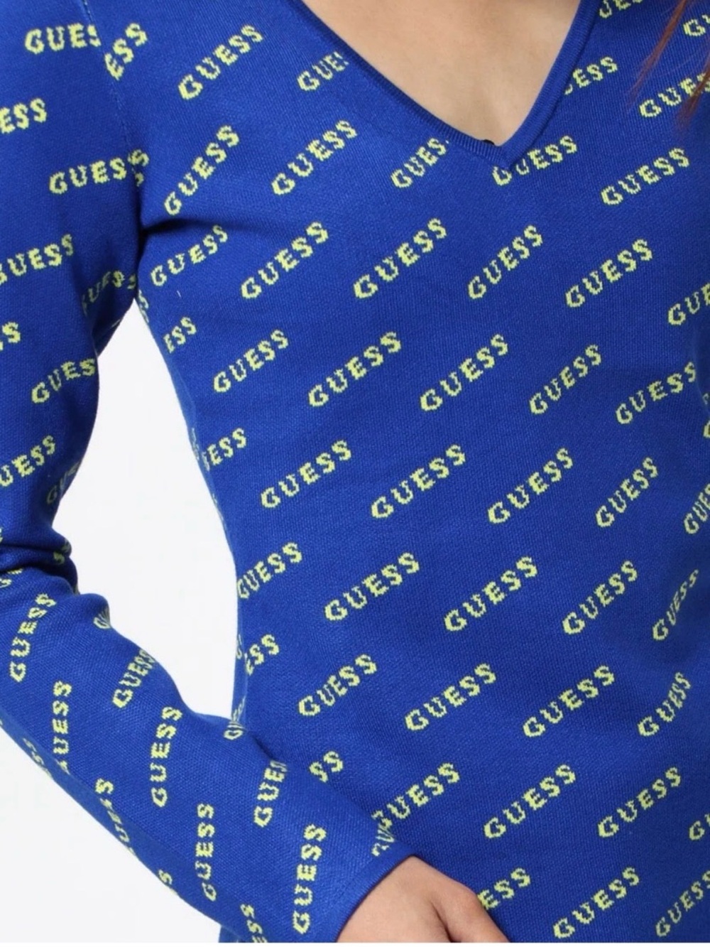 Guess Blue V‑Neck Logo Knit Top with Neon Yellow Script